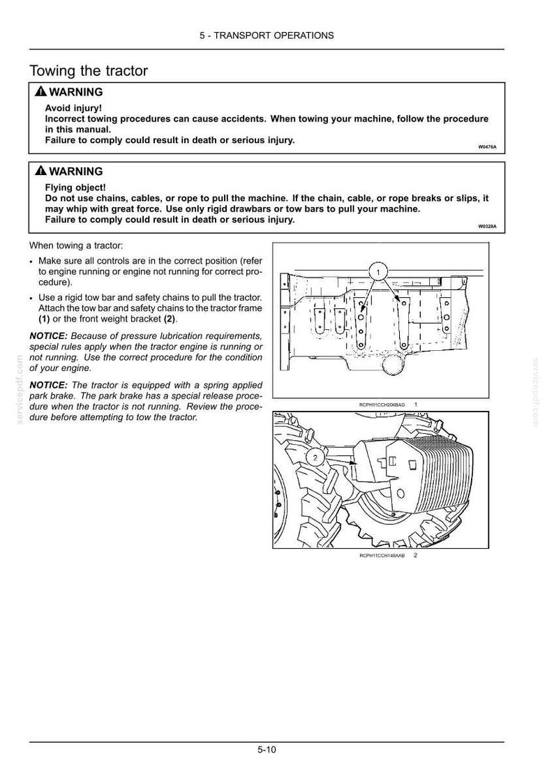 May include: A technical manual page titled 5-TRANSPORT OPERATIONS, detailing tractor towing procedures. It includes warning boxes, text instructions, and two black and white line drawings showing the tractor frame and front weight bracket.
