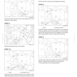 May include: Diagram of an engine installation process, with detailed illustrations and numbered steps. Instructions include connecting wires, removing bolts, and tightening nuts. Text includes torque specifications in pound-feet.