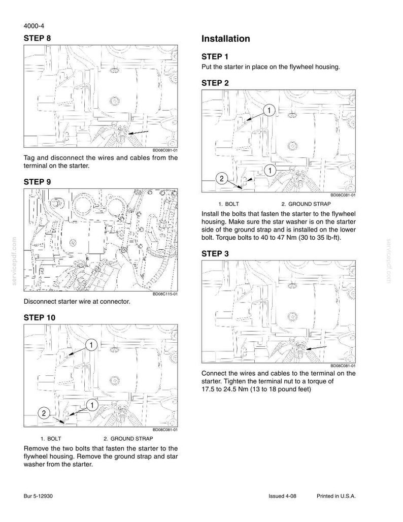 May include: Diagram of an engine installation process, with detailed illustrations and numbered steps. Instructions include connecting wires, removing bolts, and tightening nuts. Text includes torque specifications in pound-feet.