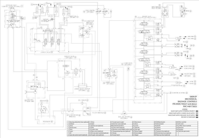 May include: A detailed engineering diagram of a mechanical backhoe control system, with numerous lines, symbols, and labels. The diagram is in black and white, with text indicating various components and functions. The title "SRIN EP MECHANICAL BACKHOE CONTROLS" is visible.