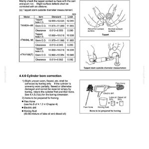 May include: Diagram from an engine repair manual showing tappet stem measurements and cylinder bore correction procedures. Includes illustrations of tools like a Flex-Hone and electric drill, along with measurement tables.