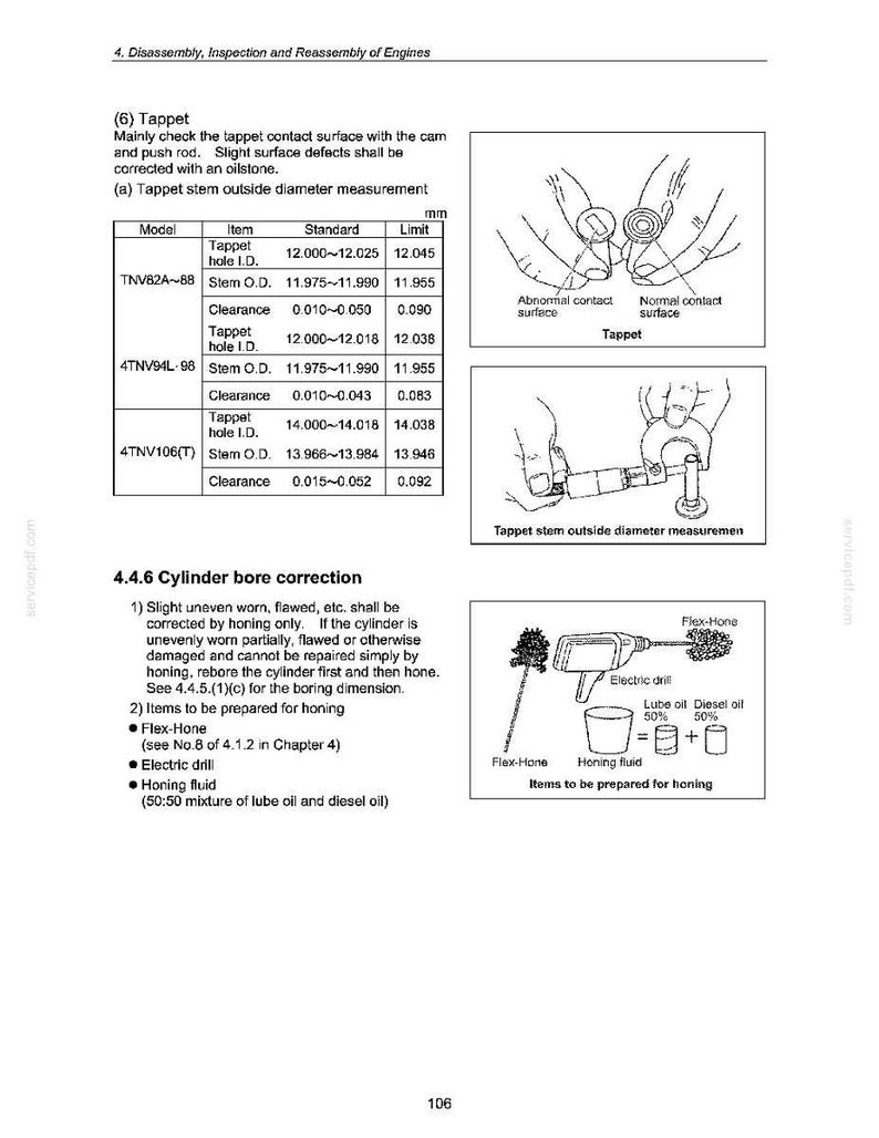 May include: Diagram from an engine repair manual showing tappet stem measurements and cylinder bore correction procedures. Includes illustrations of tools like a Flex-Hone and electric drill, along with measurement tables.