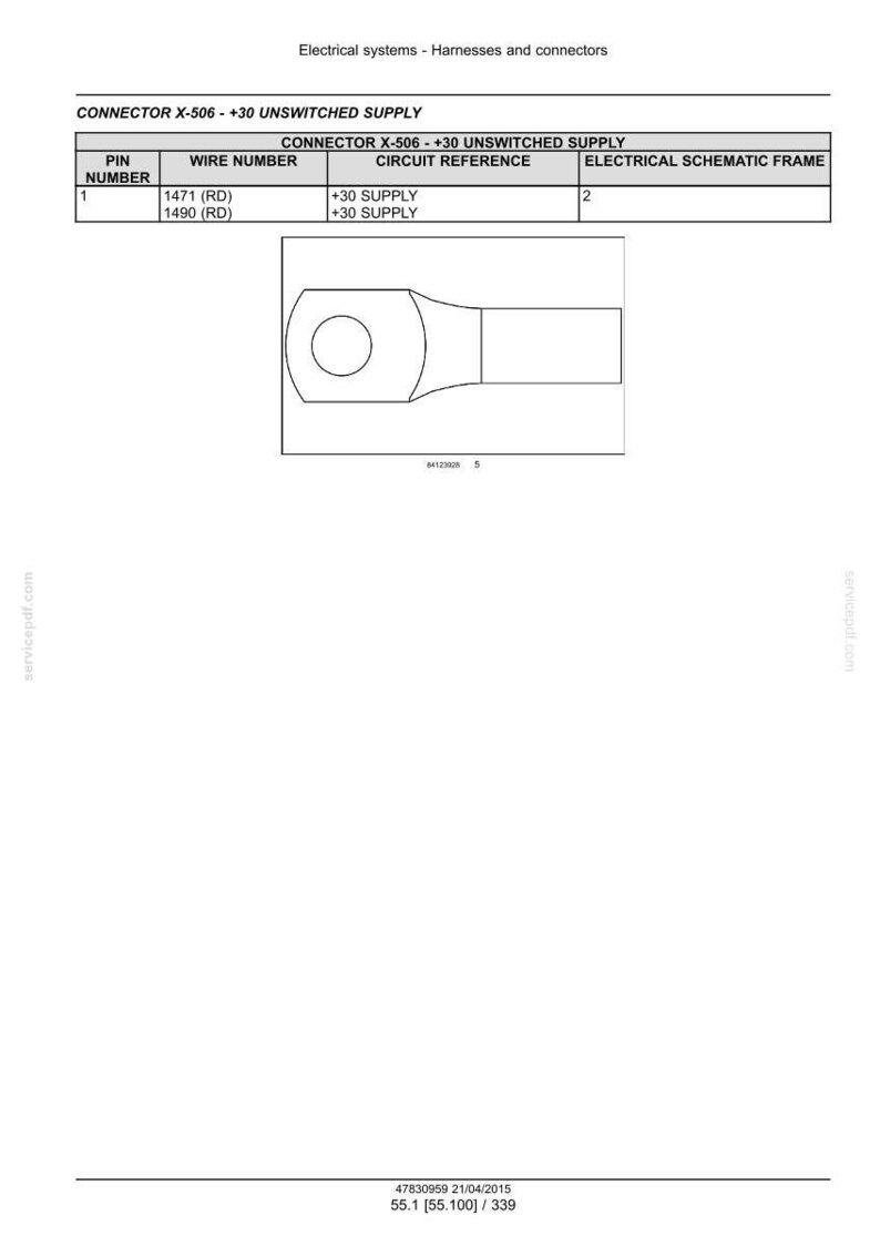May include: Diagram of an electrical connector, labeled 'CONNECTOR X-506 - +30 UNSWITCHED SUPPLY'. Includes a table with pin and wire numbers, circuit references, and an electrical schematic frame. The diagram shows a ring terminal.