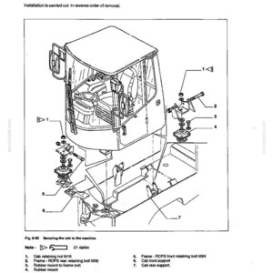 May include: Diagram of a machine cab installation, labeled "LW90." The illustration shows an exploded view of the cab components, including nuts, bolts, and rubber mounts. Text includes "Installation" and safety precautions.