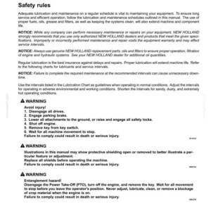 May include: A page from a New Holland maintenance manual titled 4-Maintenance. It contains general information and safety rules, including warnings about disengaging drives, engaging parking brakes, and avoiding injury or entanglement hazards.