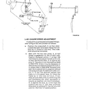 May include: A technical diagram titled L-451 DIESEL SPEED CONTROL LINKAGE showing mechanical components labeled A through H, including a fuel filter, throttle lever, and speed control lever with specific 1/8 inch clearance measurements.