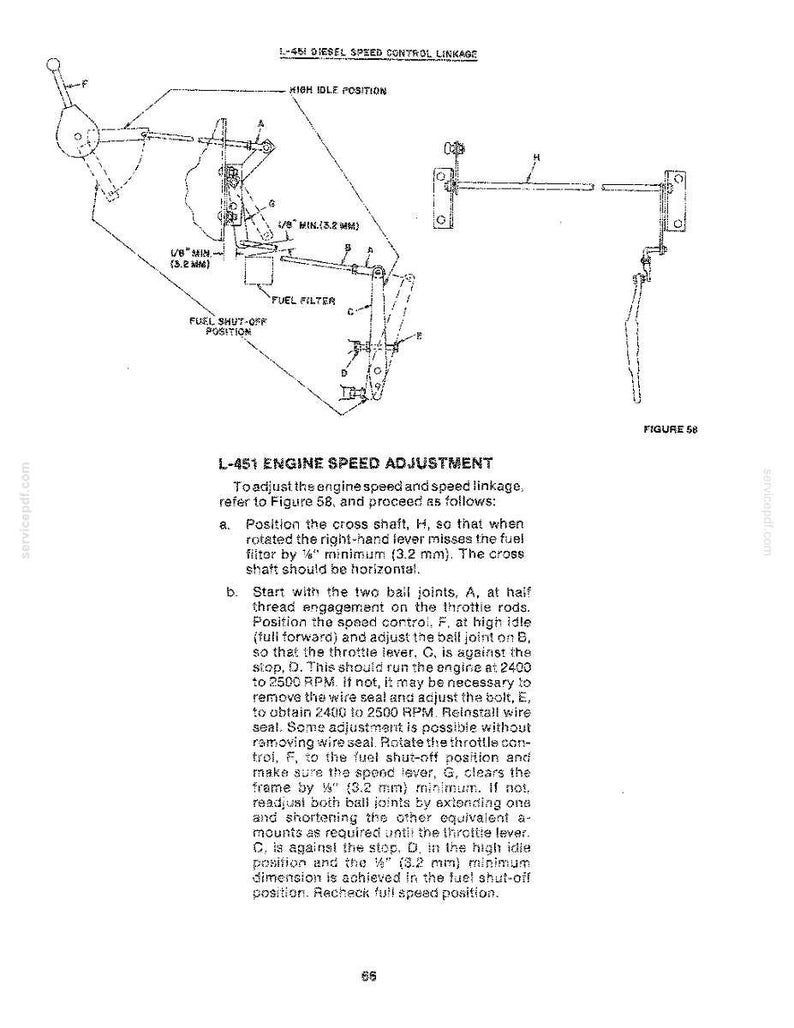 May include: A technical diagram titled L-451 DIESEL SPEED CONTROL LINKAGE showing mechanical components labeled A through H, including a fuel filter, throttle lever, and speed control lever with specific 1/8 inch clearance measurements.