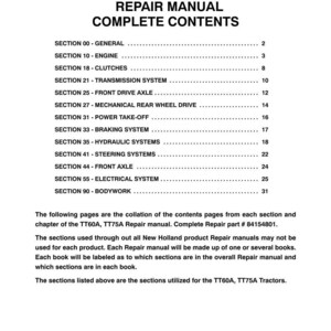 May include: A white page from a repair manual for TT60A and TT75A tractors. The title "REPAIR MANUAL COMPLETE CONTENTS" is at the top. Sections include Engine, Clutches, Transmission System, and more. The manual's part number is 84154801.