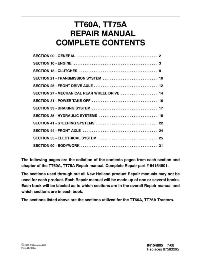 May include: A white page from a repair manual for TT60A and TT75A tractors. The title "REPAIR MANUAL COMPLETE CONTENTS" is at the top. Sections include Engine, Clutches, Transmission System, and more. The manual's part number is 84154801.