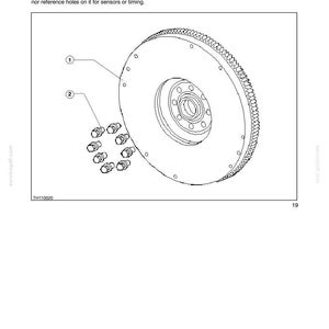 May include: Diagram of an engine flywheel with securing screws. The image includes labels for the flywheel and screws, along with technical text. The text indicates the flywheel does not require a fixed position.
