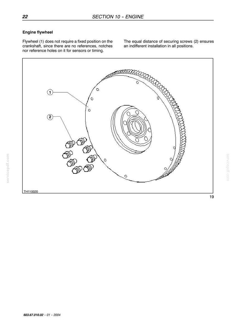 May include: Diagram of an engine flywheel with securing screws. The image includes labels for the flywheel and screws, along with technical text. The text indicates the flywheel does not require a fixed position.