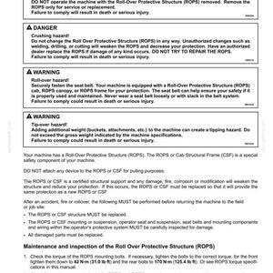 May include: A technical document page titled 2-SAFETY INFORMATION regarding Roll Over Protective Structure (ROPS). It contains danger and warning sections about crushing and tip-over hazards, maintenance instructions, and torque specifications of 31.0 lb ft and 125.4 lb ft.
