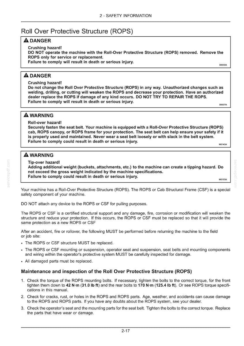 May include: A technical document page titled 2-SAFETY INFORMATION regarding Roll Over Protective Structure (ROPS). It contains danger and warning sections about crushing and tip-over hazards, maintenance instructions, and torque specifications of 31.0 lb ft and 125.4 lb ft.