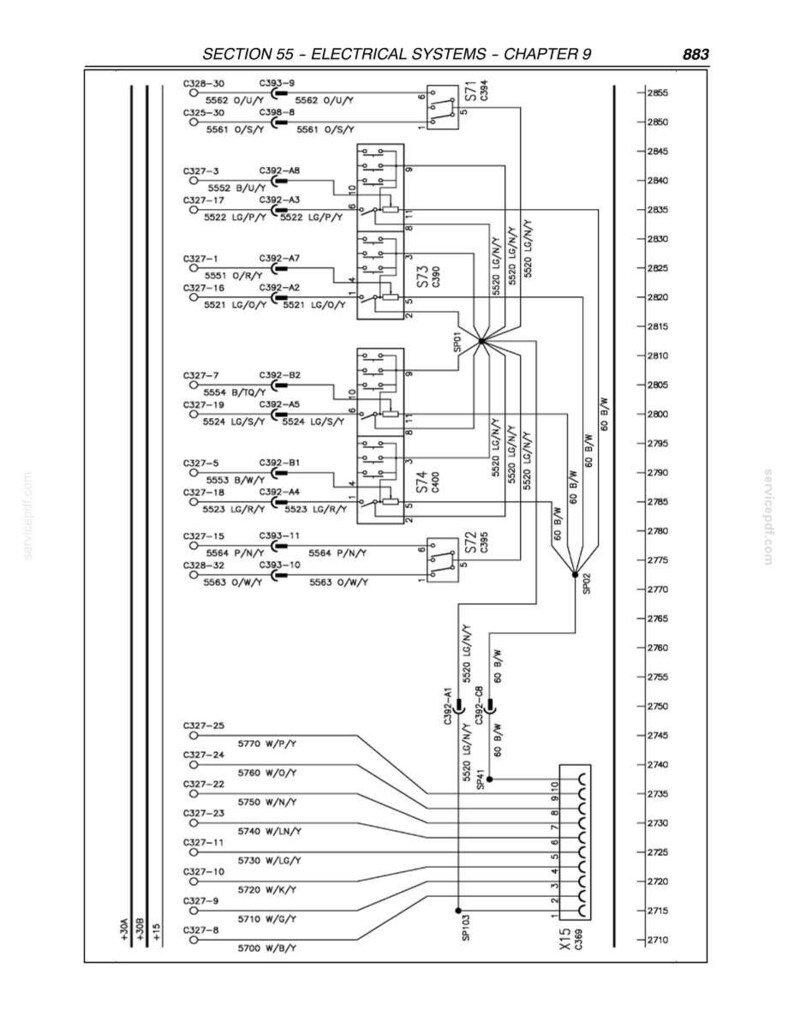 May include: Diagram of an electrical system, labeled "SECTION 55 - ELECTRICAL SYSTEMS - CHAPTER 9". The diagram includes various components, wires, and connectors, with text labels and numerical references. The diagram is in black and white.