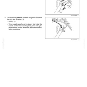 May include: Diagram of a boom hydraulic system with instructions. Text includes steps for attaching nuts, bolts, and grease hoses. Measurements are in millimeters. The image is from a service manual.