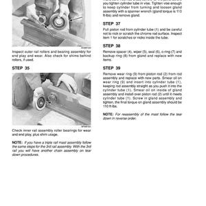 May include: A black and white technical diagram with step-by-step instructions for hydraulic cylinder maintenance. The image includes close-up photos of the process, along with text detailing each step, including torque specifications.