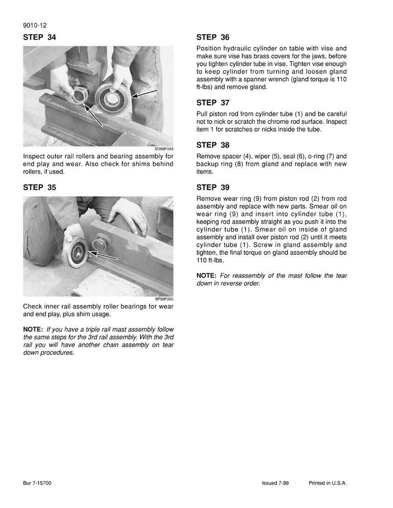 May include: A black and white technical diagram with step-by-step instructions for hydraulic cylinder maintenance. The image includes close-up photos of the process, along with text detailing each step, including torque specifications.