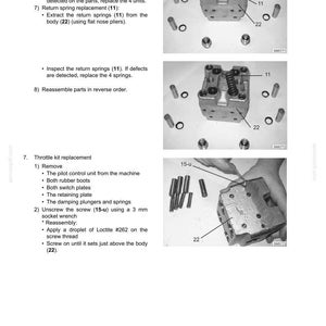 May include: A technical manual page titled Pilot Valve E265B-E305B featuring three black and white instructional photographs. The images show the disassembly and maintenance process of a metal valve body, including numbered components like 11, 22, and 15-u, with accompanying text instructions for guide, plunger, and throttle kit replacement.
