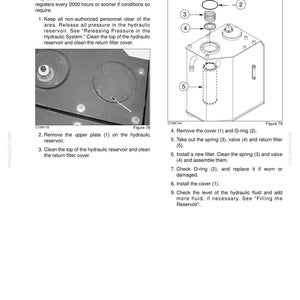 May include: Diagram of hydraulic system maintenance instructions. Includes labeled parts: cover, O-ring, spring, valve, and return filter. Text details procedures for filter replacement and fluid checks. The image is from a service manual.