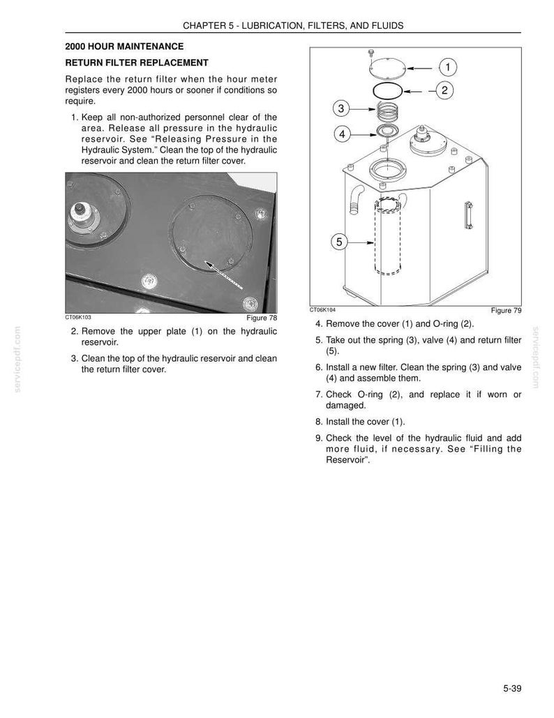 May include: Diagram of hydraulic system maintenance instructions. Includes labeled parts: cover, O-ring, spring, valve, and return filter. Text details procedures for filter replacement and fluid checks. The image is from a service manual.