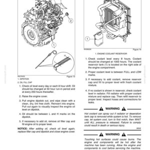 Pu&ograve; includere: Una pagina di manuale tecnico intitolata CHAPTER 6 - MAINTENANCE AND ADJUSTMENTS. Presenta due diagrammi in bianco e nero: la Figura 13 mostra un'asta di livello dell'olio motore e un tappo di riempimento, la Figura 14 un serbatoio del refrigerante.