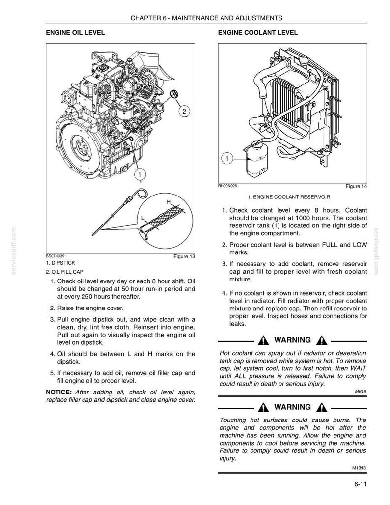 Pu&ograve; includere: Una pagina di manuale tecnico intitolata CHAPTER 6 - MAINTENANCE AND ADJUSTMENTS. Presenta due diagrammi in bianco e nero: la Figura 13 mostra un'asta di livello dell'olio motore e un tappo di riempimento, la Figura 14 un serbatoio del refrigerante.