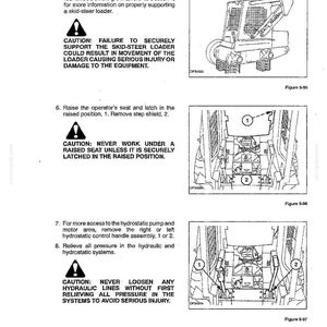 Peut inclure: Une page de manuel technique intitul&eacute;e Hydrostatic System and Steering System pr&eacute;sentant trois dessins au trait en noir et blanc d'un chargeur compact. Le document comprend des instructions de s&eacute;curit&eacute; num&eacute;rot&eacute;es, des avertissements et les figures 5-95, 5-96 et 5-97.