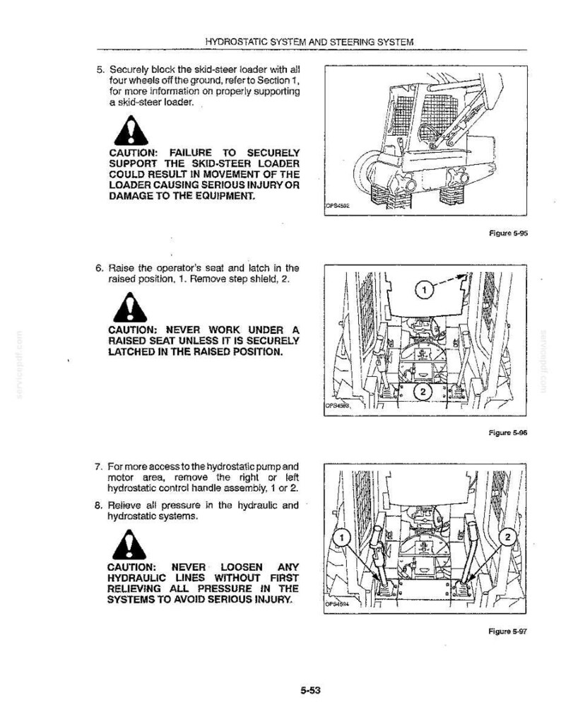 Peut inclure: Une page de manuel technique intitul&eacute;e Hydrostatic System and Steering System pr&eacute;sentant trois dessins au trait en noir et blanc d'un chargeur compact. Le document comprend des instructions de s&eacute;curit&eacute; num&eacute;rot&eacute;es, des avertissements et les figures 5-95, 5-96 et 5-97.