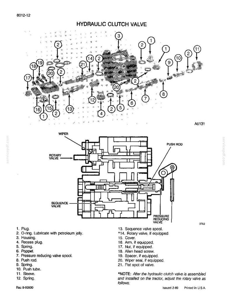 May include: Detailed diagram of a hydraulic clutch valve, showing various components like O-rings, springs, and a rotary valve. The diagram includes a schematic of the valve's internal workings and the text "HYDRAULIC CLUTCH VALVE". Measurements are not applicable.