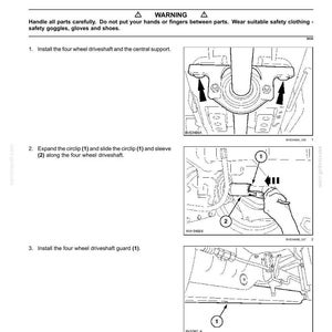May include: Diagram illustrating the installation of a drive shaft on a four-wheel-drive system. The image includes detailed steps with numbered instructions and diagrams, along with a warning about safety precautions.