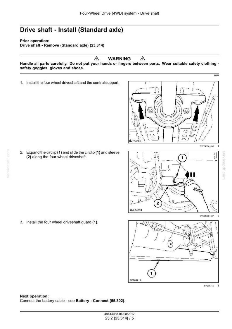 May include: Diagram illustrating the installation of a drive shaft on a four-wheel-drive system. The image includes detailed steps with numbered instructions and diagrams, along with a warning about safety precautions.
