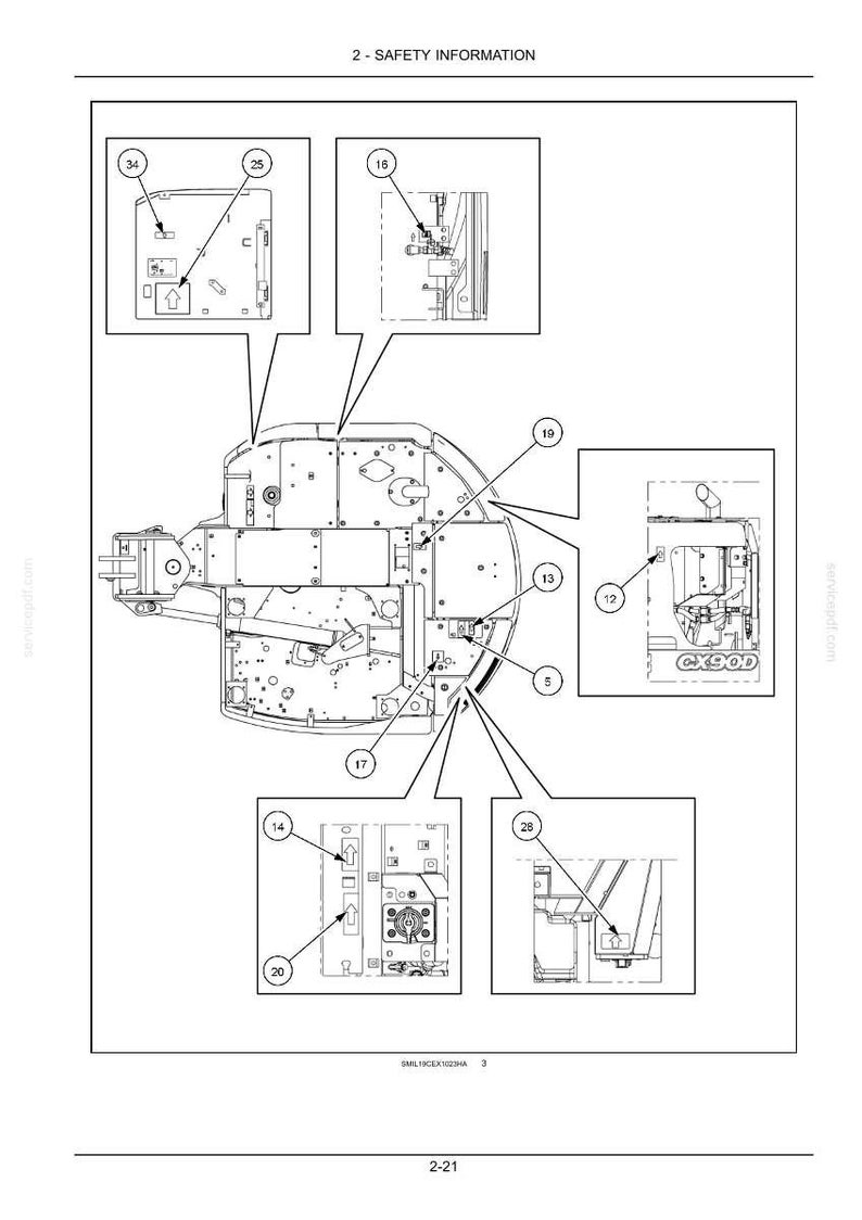 Puede incluir: Diagrama t&eacute;cnico de una m&aacute;quina, con vistas detalladas de los componentes y etiquetas. La imagen incluye el texto "2 - SAFETY INFORMATION" en la parte superior y "2-21" en la parte inferior. El diagrama es una ilustraci&oacute;n t&eacute;cnica detallada.