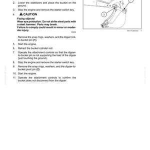 Puede incluir: Una p&aacute;gina de manual t&eacute;cnico titulada 6-WORKING OPERATIONS que detalla la extracci&oacute;n de un cuchar&oacute;n de retroexcavadora con acoplador de eslabones rectos. Incluye instrucciones numeradas, una advertencia y un diagrama lineal.