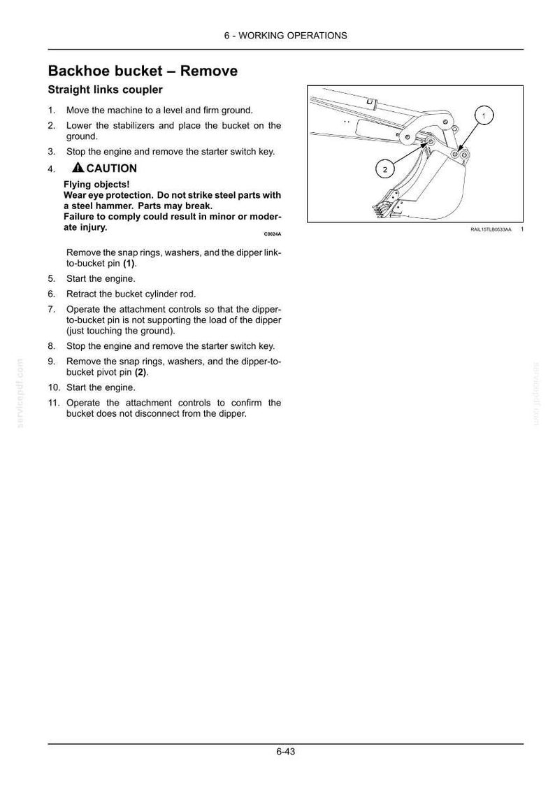 Puede incluir: Una p&aacute;gina de manual t&eacute;cnico titulada 6-WORKING OPERATIONS que detalla la extracci&oacute;n de un cuchar&oacute;n de retroexcavadora con acoplador de eslabones rectos. Incluye instrucciones numeradas, una advertencia y un diagrama lineal.