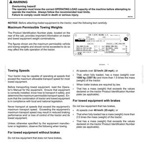 May include: A technical document page titled 6-WORKING OPERATIONS DRAWBARS AND TOWING ATTACHMENTS. It includes a warning about overturning hazards, towing speed regulations, and a diagram of a CNH Europe Holding S.A. product identification plate.