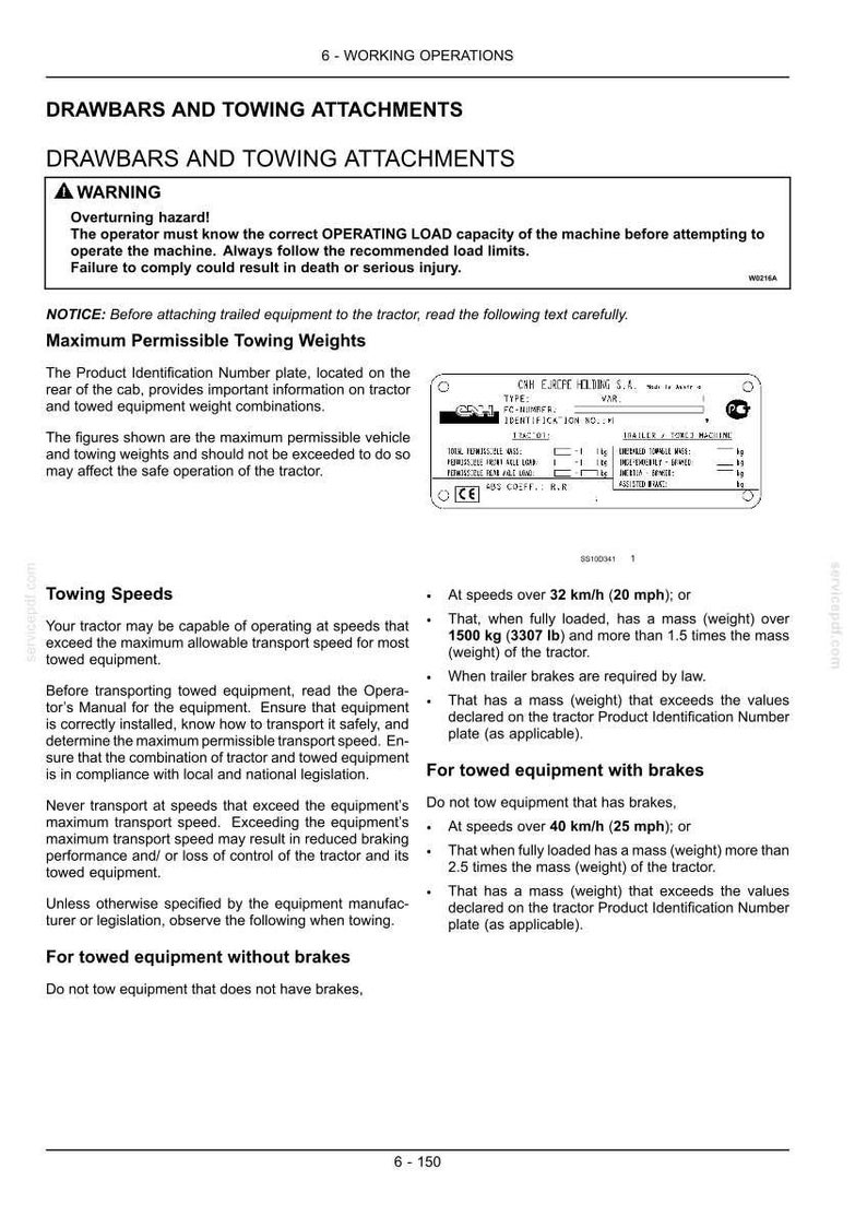 May include: A technical document page titled 6-WORKING OPERATIONS DRAWBARS AND TOWING ATTACHMENTS. It includes a warning about overturning hazards, towing speed regulations, and a diagram of a CNH Europe Holding S.A. product identification plate.