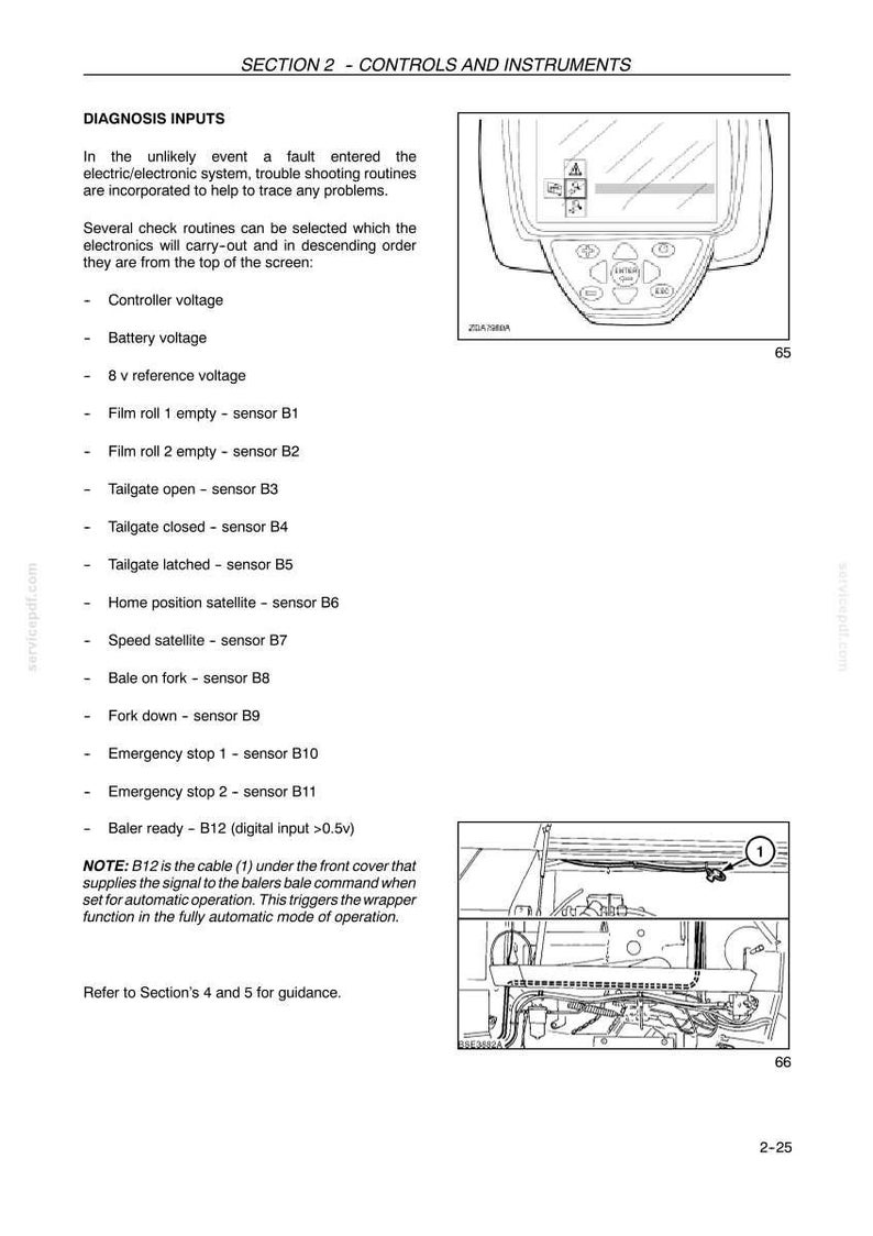 May include: A page from a manual titled "SECTION 2 - CONTROLS AND INSTRUMENTS" with a diagram of a control panel and a detailed list of diagnostic inputs, including voltage checks and sensor readings. The text explains troubleshooting routines.
