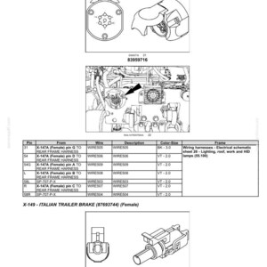 Op de afbeelding: Diagram van elektrische systemen, waaronder een 7-pins aanhangerconnector en een Italiaanse aanhangerrem. De afbeelding bevat bedradingsschema's en connectordetails, met tekstlabels en onderdeelnummers.