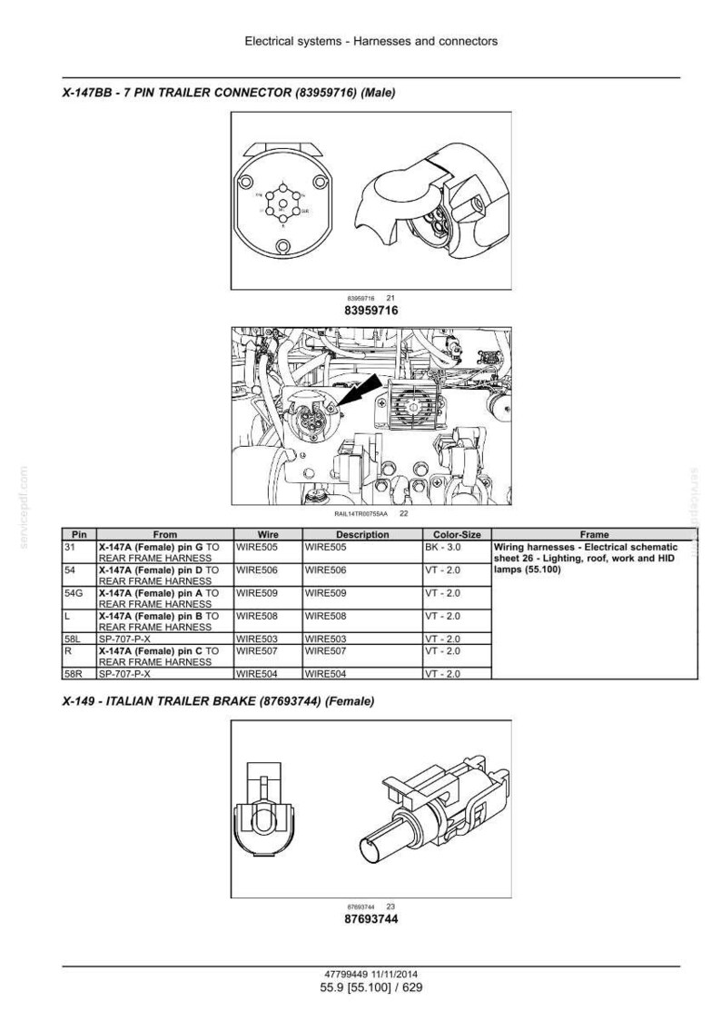 Op de afbeelding: Diagram van elektrische systemen, waaronder een 7-pins aanhangerconnector en een Italiaanse aanhangerrem. De afbeelding bevat bedradingsschema's en connectordetails, met tekstlabels en onderdeelnummers.