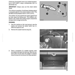 May include: Page from a service manual detailing coolant concentration checks and draining procedures. Includes diagrams of a refractometer, densimeter, and coolant reservoir plug. Text explains the importance of antifreeze and engine protection.
