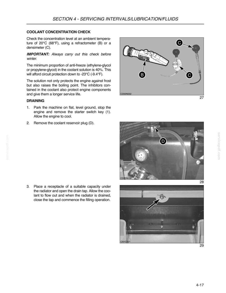 May include: Page from a service manual detailing coolant concentration checks and draining procedures. Includes diagrams of a refractometer, densimeter, and coolant reservoir plug. Text explains the importance of antifreeze and engine protection.
