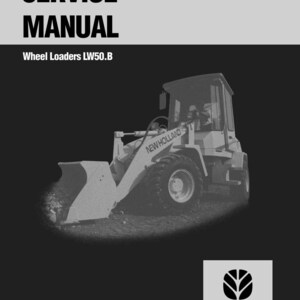 May include: Service manual for Wheel Loaders LW50.B. The cover features a grayscale image of a New Holland wheel loader. The New Holland Construction logo is at the bottom right.
