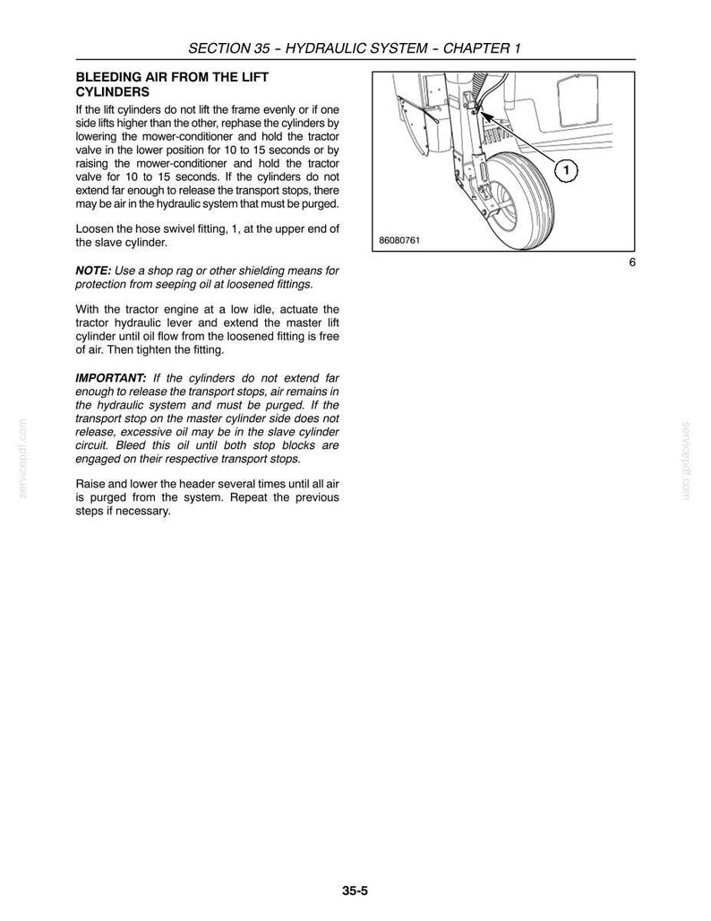 May include: Diagram from a manual showing a hydraulic system with text describing how to bleed air from the lift cylinders. The diagram includes a wheel, cylinder, and text that reads "BLEEDING AIR FROM THE LIFT CYLINDERS."