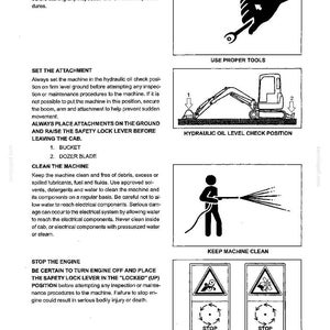May include: A black and white technical document page titled 1. SAFETY PRECAUTIONS. It features instructional text and four diagrams illustrating proper tool use, hydraulic oil check positioning, machine cleaning, and engine stop procedures.