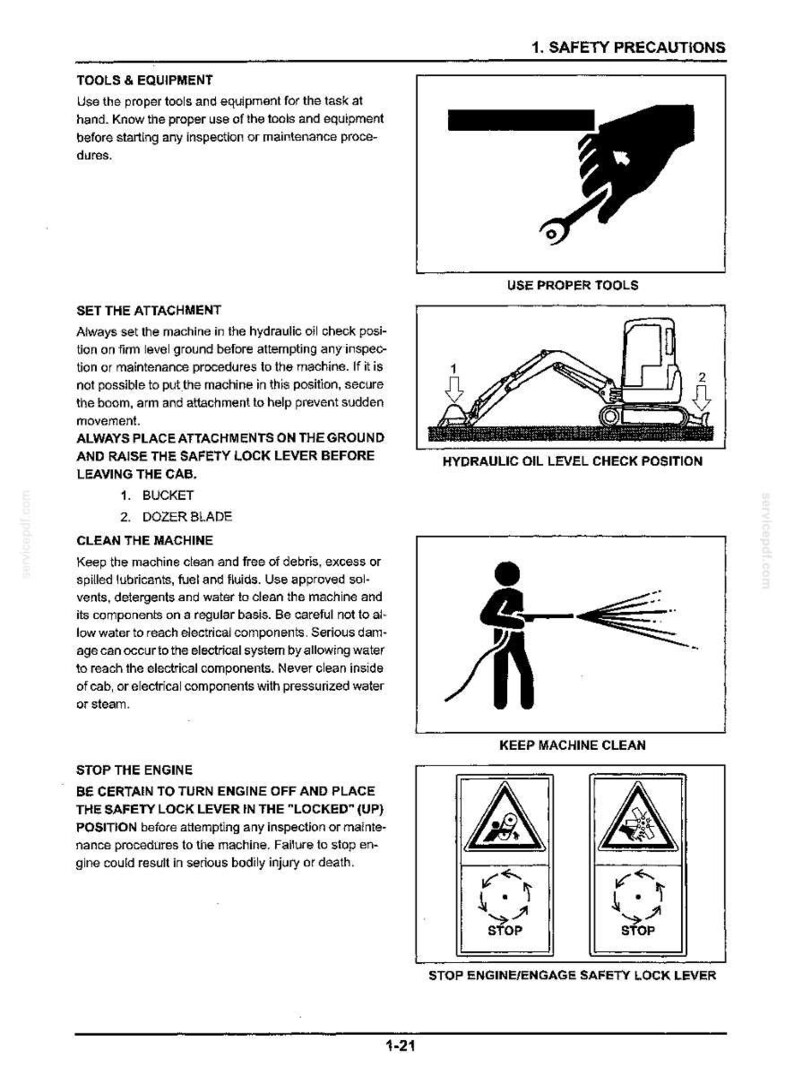May include: A black and white technical document page titled 1. SAFETY PRECAUTIONS. It features instructional text and four diagrams illustrating proper tool use, hydraulic oil check positioning, machine cleaning, and engine stop procedures.