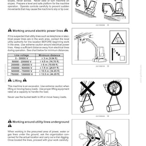 May include: Safety information page with diagrams. Includes warnings about operating on slopes, working near power lines, lifting, and underground utility lines. Text provides safety guidelines for excavator operation.