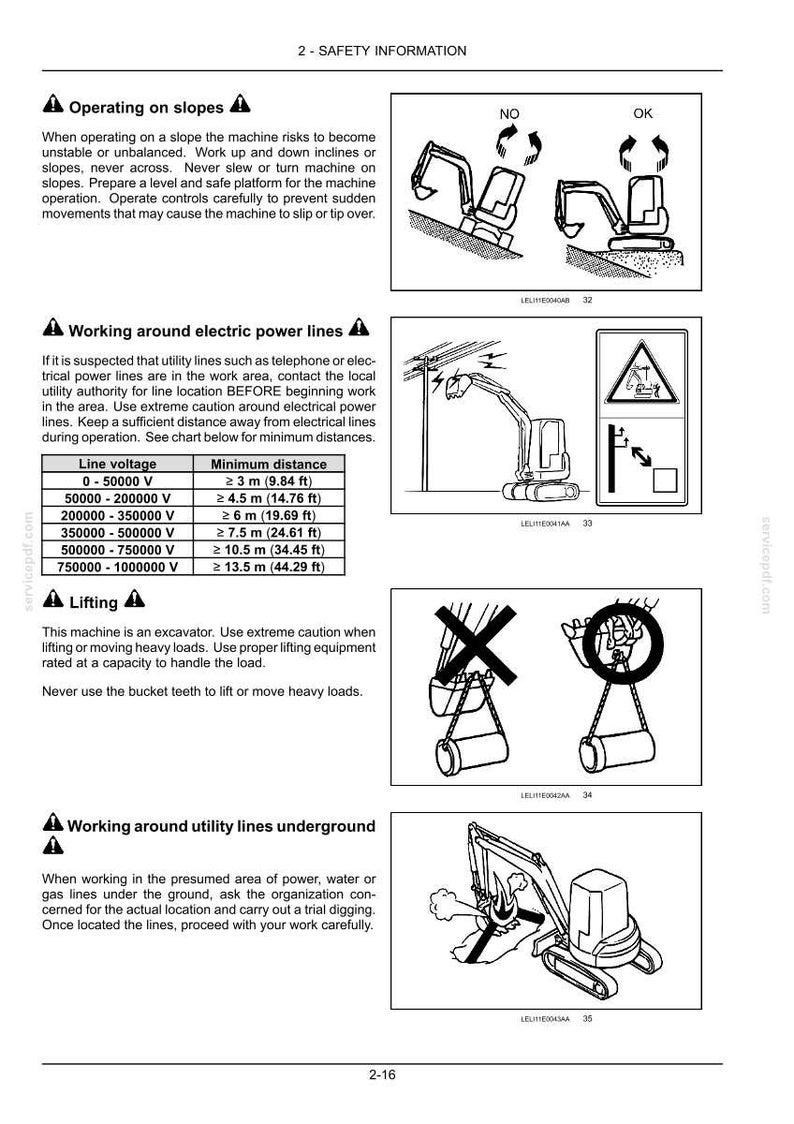May include: Safety information page with diagrams. Includes warnings about operating on slopes, working near power lines, lifting, and underground utility lines. Text provides safety guidelines for excavator operation.