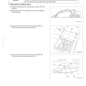 May include: Diagram from a manual detailing the removal and installation of a control valve. Includes illustrations of an excavator and components, with instructions to remove bolts and covers using a 19 mm wrench.