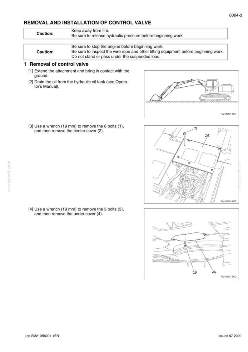 May include: Diagram from a manual detailing the removal and installation of a control valve. Includes illustrations of an excavator and components, with instructions to remove bolts and covers using a 19 mm wrench.