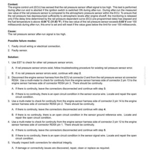 May include: Diagnostic document detailing fault codes for electrical systems. The text describes the 3110-Rail Pressure Sensor Monitoring, including context, cause, possible failure modes, and a step-by-step solution for troubleshooting. The document includes a schematic sheet.